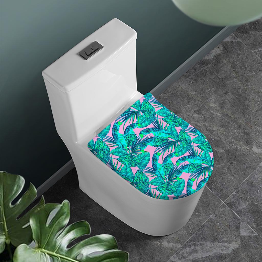 Pink Teal Tropical Leaf Pattern Print Toilet Lid Cover