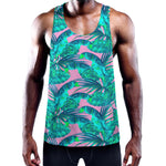 Pink Teal Tropical Leaf Pattern Print Training Tank Top
