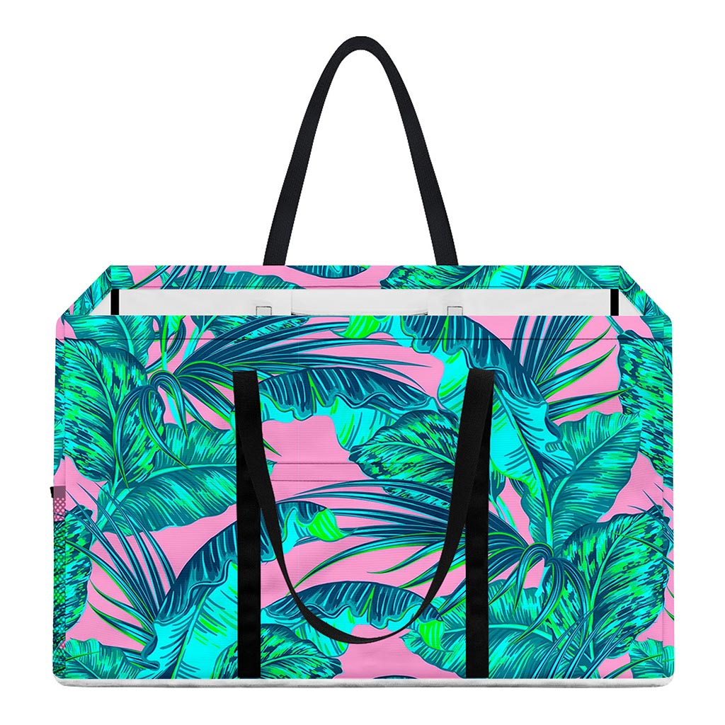 Pink Teal Tropical Leaf Pattern Print Utility Tote Bag