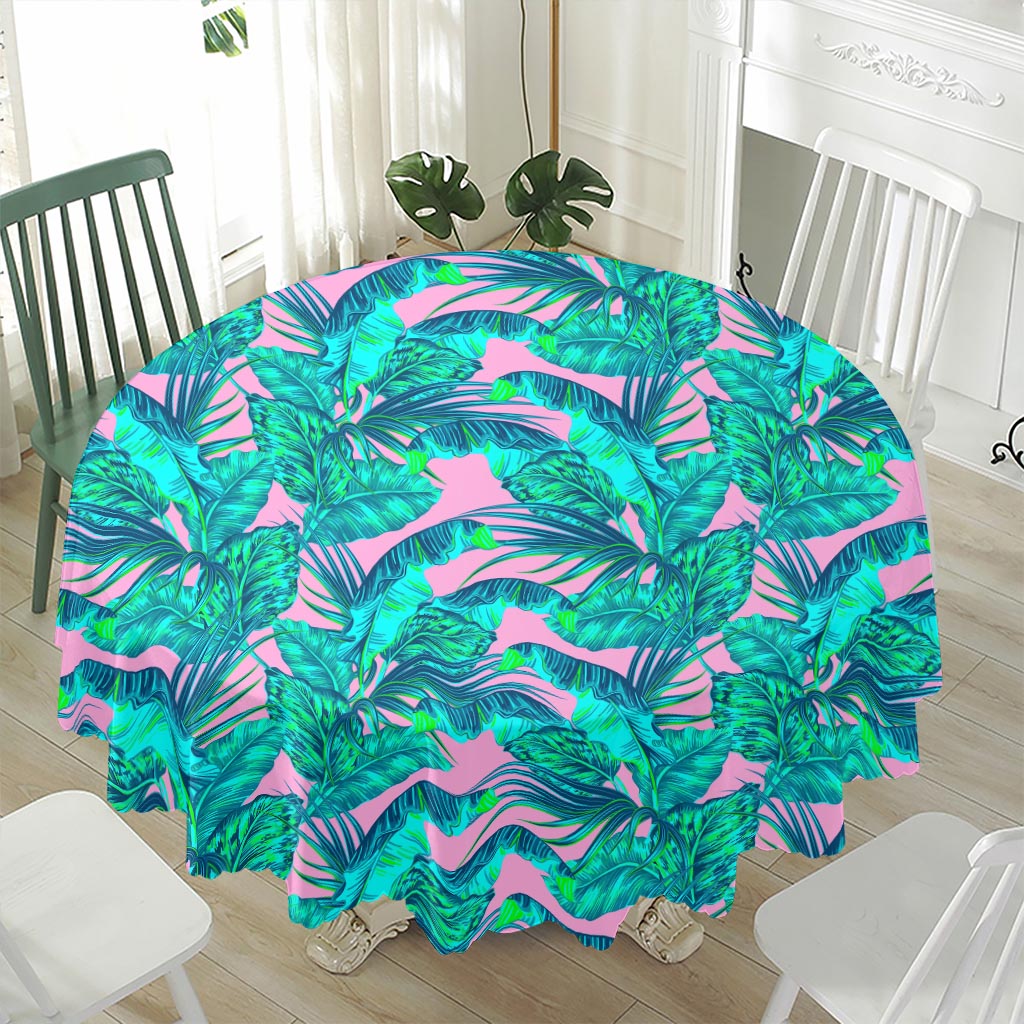 Pink Teal Tropical Leaf Pattern Print Waterproof Round Tablecloth
