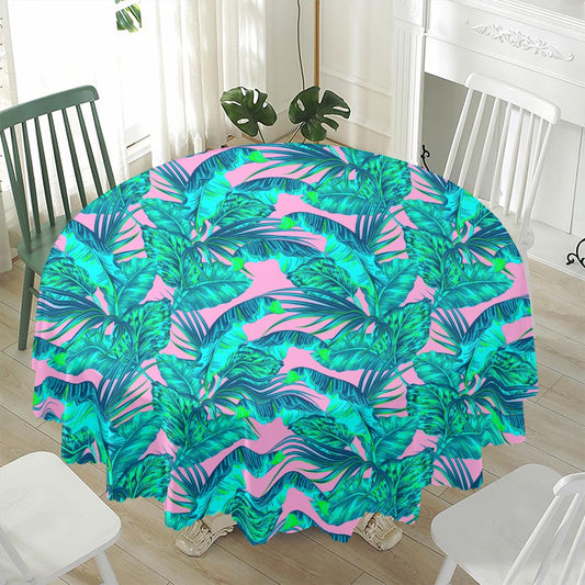 Pink Teal Tropical Leaf Pattern Print Waterproof Round Tablecloth