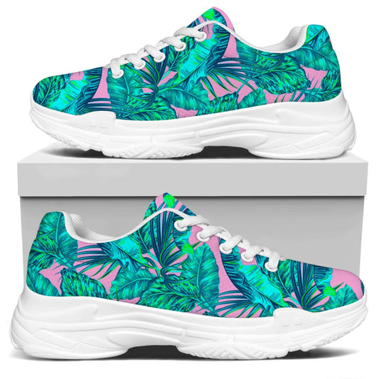 Pink Teal Tropical Leaf Pattern Print White Chunky Shoes
