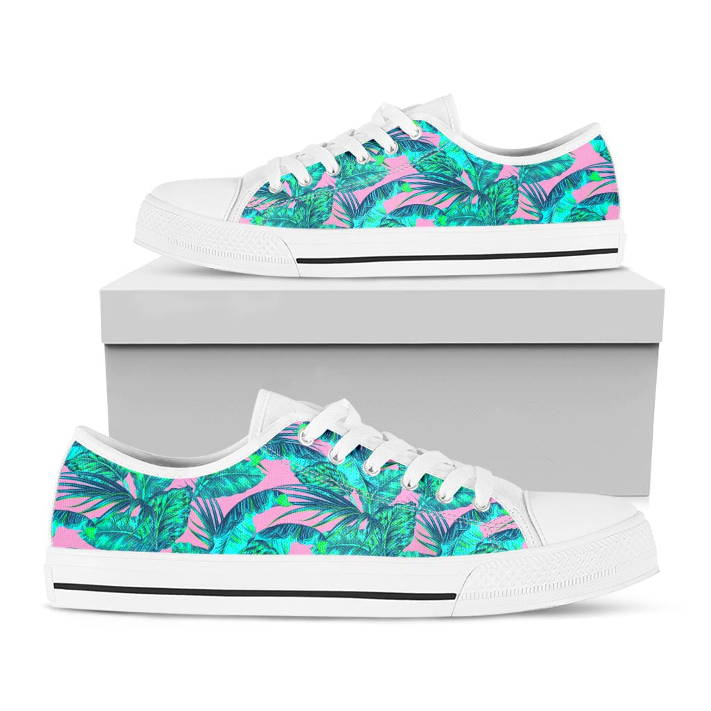 Pink Teal Tropical Leaf Pattern Print White Low Top Sneakers