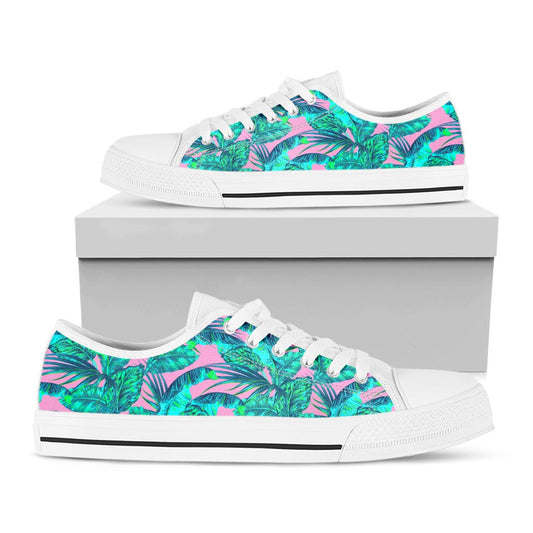 Pink Teal Tropical Leaf Pattern Print White Low Top Sneakers