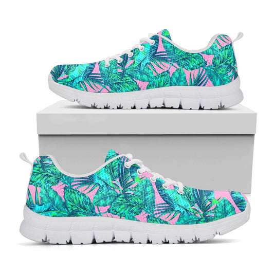 Pink Teal Tropical Leaf Pattern Print White Running Shoes