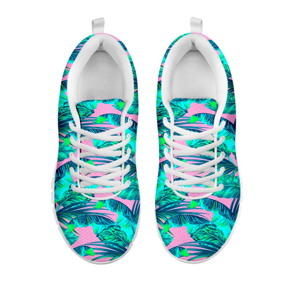 Pink Teal Tropical Leaf Pattern Print White Running Shoes