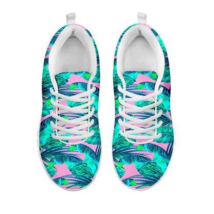 Pink Teal Tropical Leaf Pattern Print White Running Shoes