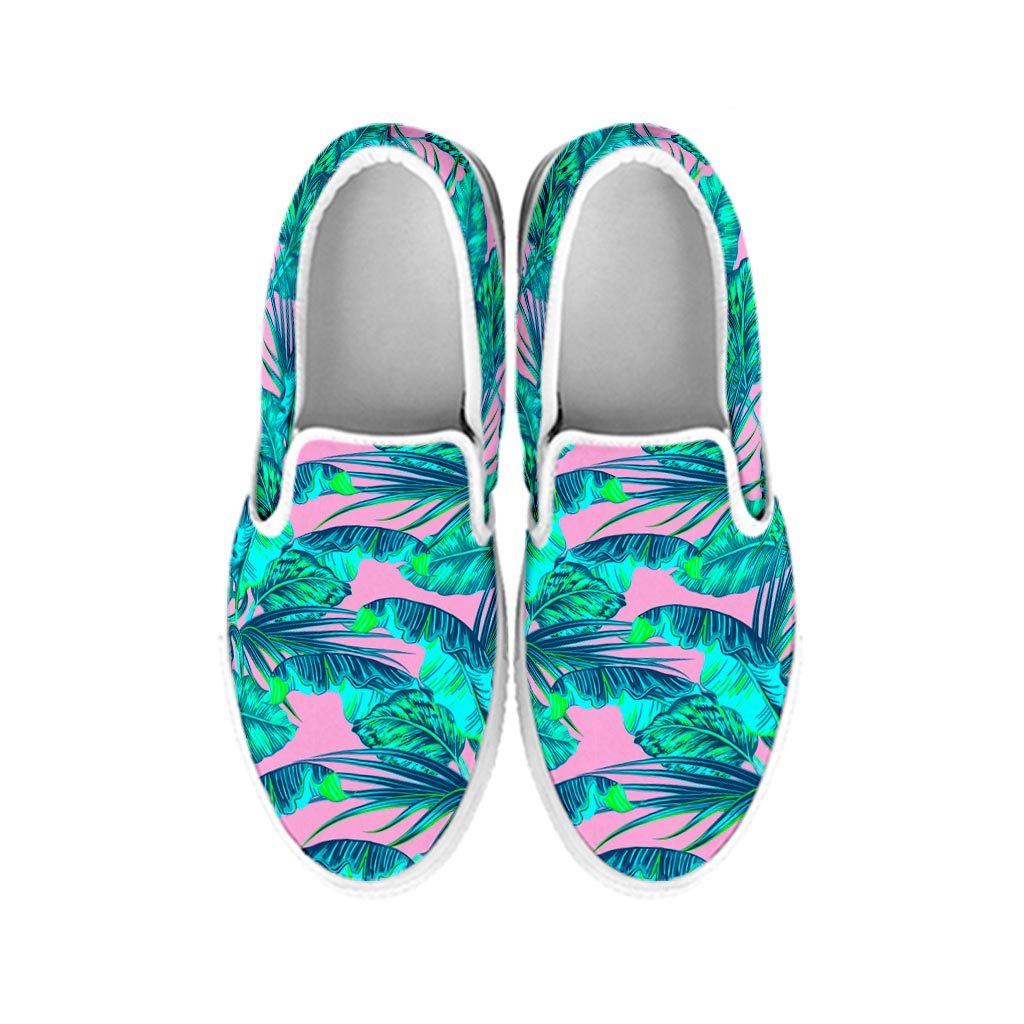 Pink Teal Tropical Leaf Pattern Print White Slip On Sneakers