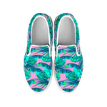 Pink Teal Tropical Leaf Pattern Print White Slip On Sneakers