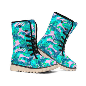 Pink Teal Tropical Leaf Pattern Print Winter Boots