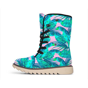 Pink Teal Tropical Leaf Pattern Print Winter Boots