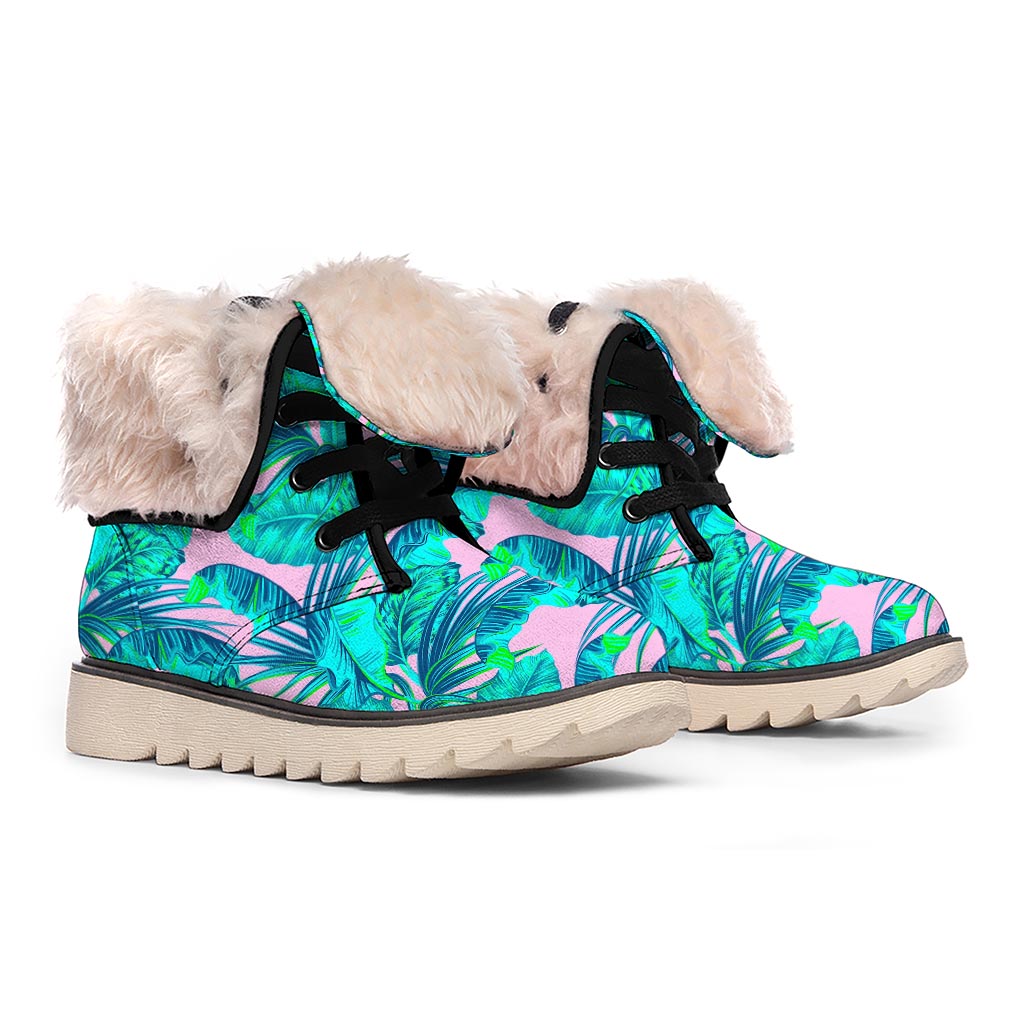 Pink Teal Tropical Leaf Pattern Print Winter Boots