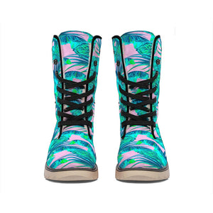 Pink Teal Tropical Leaf Pattern Print Winter Boots