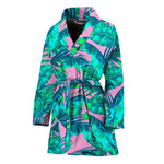 Pink Teal Tropical Leaf Pattern Print Women's Bathrobe