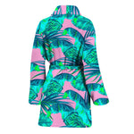 Pink Teal Tropical Leaf Pattern Print Women's Bathrobe