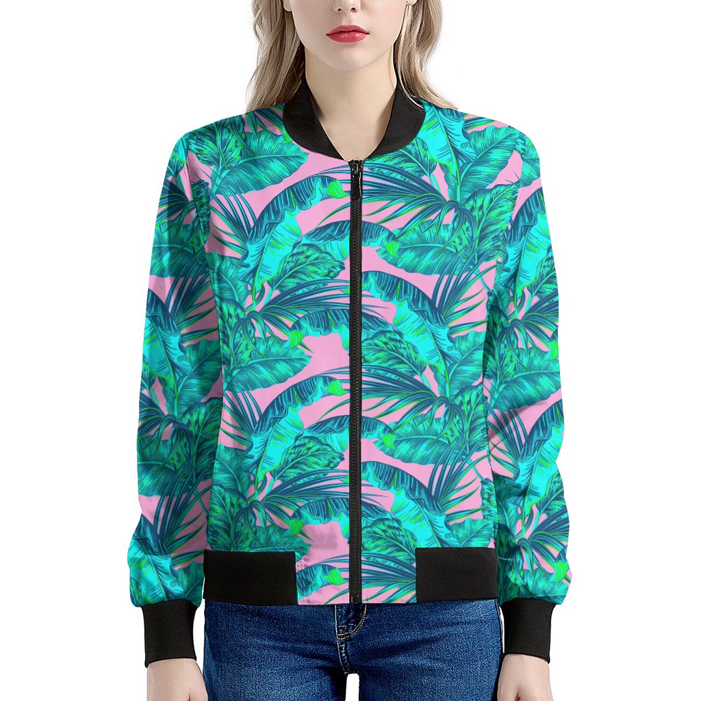 Pink Teal Tropical Leaf Pattern Print Women's Bomber Jacket