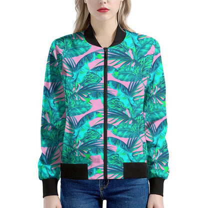 Pink Teal Tropical Leaf Pattern Print Women's Bomber Jacket