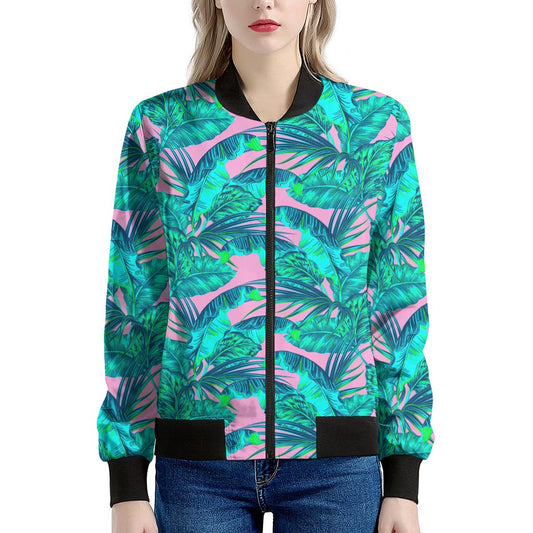 Pink Teal Tropical Leaf Pattern Print Women's Bomber Jacket