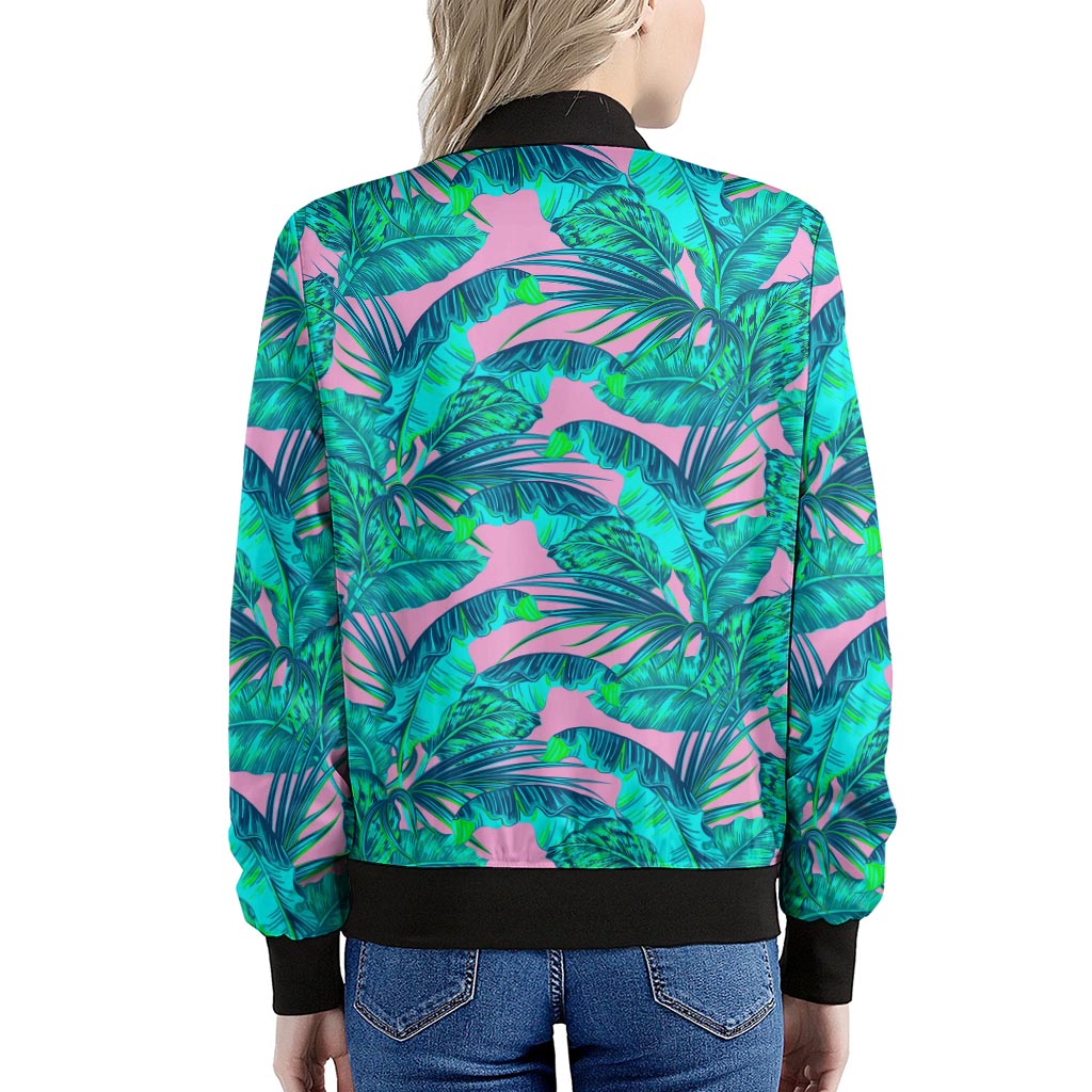 Pink Teal Tropical Leaf Pattern Print Women's Bomber Jacket
