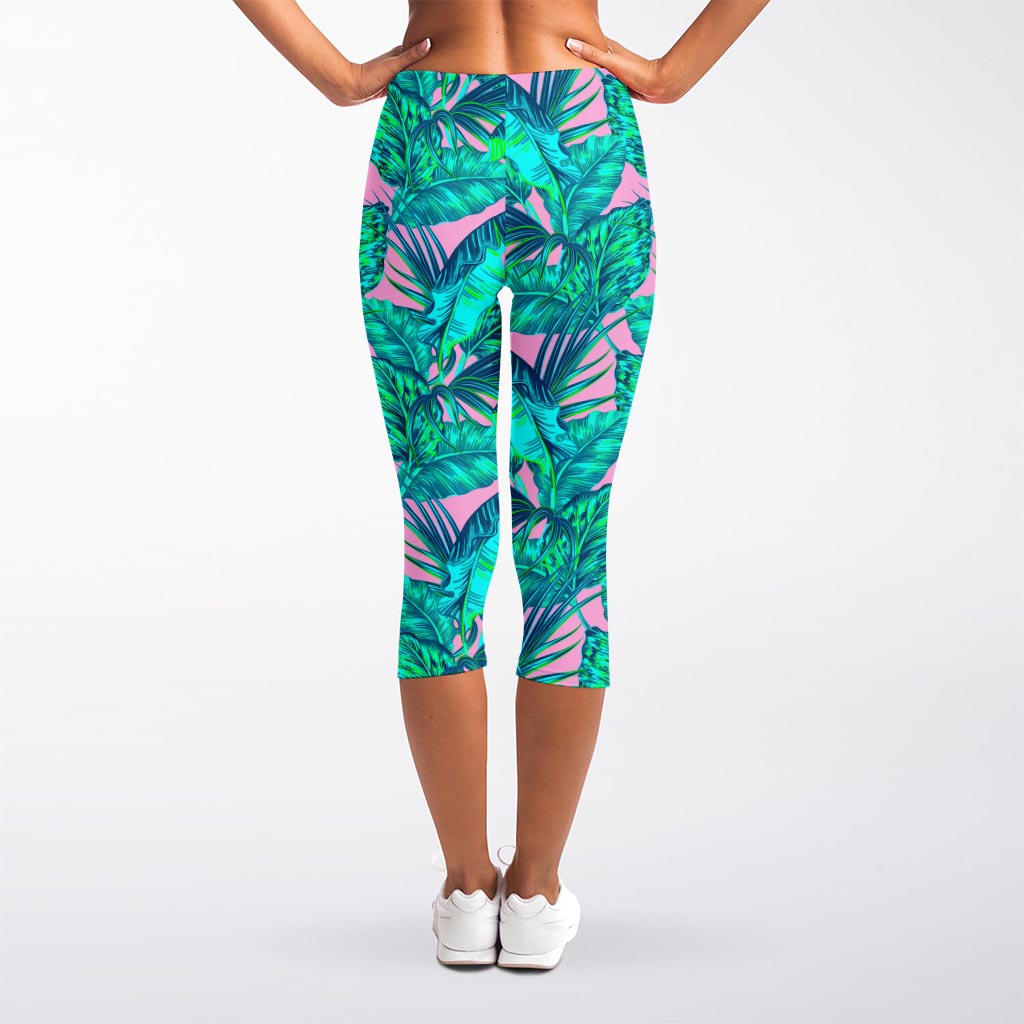 Pink Teal Tropical Leaf Pattern Print Women's Capri Leggings