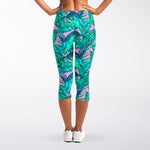 Pink Teal Tropical Leaf Pattern Print Women's Capri Leggings