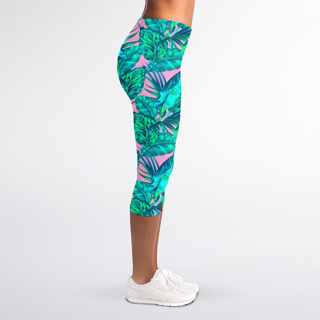Pink Teal Tropical Leaf Pattern Print Women's Capri Leggings