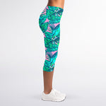 Pink Teal Tropical Leaf Pattern Print Women's Capri Leggings