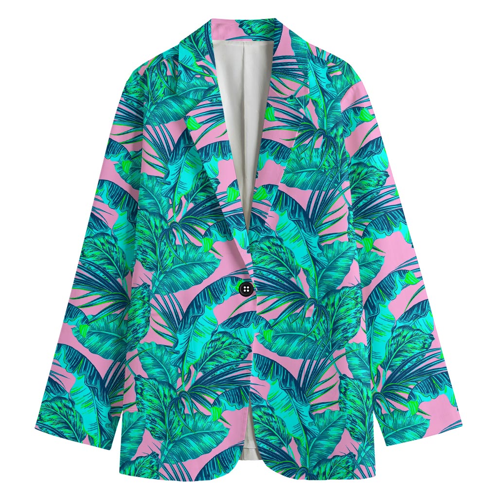 Pink Teal Tropical Leaf Pattern Print Women's Cotton Blazer