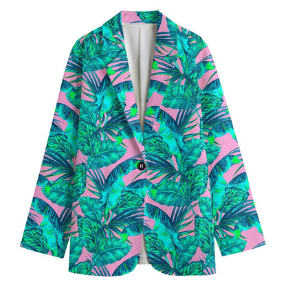 Pink Teal Tropical Leaf Pattern Print Women's Cotton Blazer