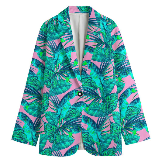 Pink Teal Tropical Leaf Pattern Print Women's Cotton Blazer