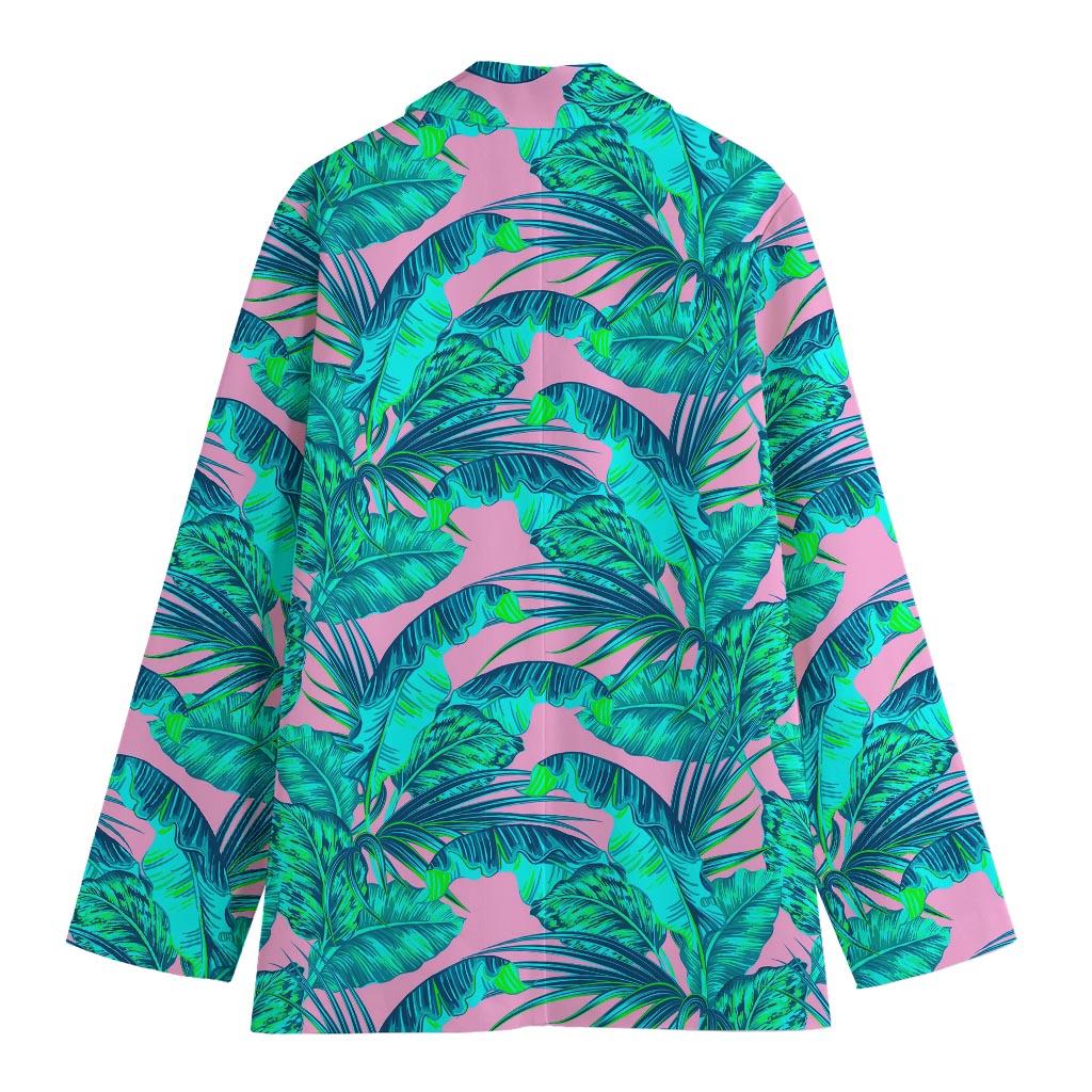 Pink Teal Tropical Leaf Pattern Print Women's Cotton Blazer