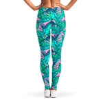 Pink Teal Tropical Leaf Pattern Print Women's Leggings