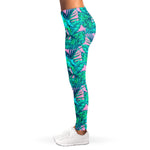 Pink Teal Tropical Leaf Pattern Print Women's Leggings