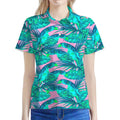 Pink Teal Tropical Leaf Pattern Print Women's Polo Shirt