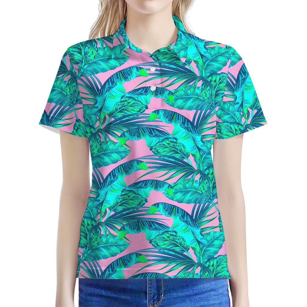 Pink Teal Tropical Leaf Pattern Print Women's Polo Shirt