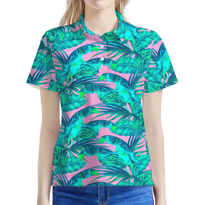 Pink Teal Tropical Leaf Pattern Print Women's Polo Shirt