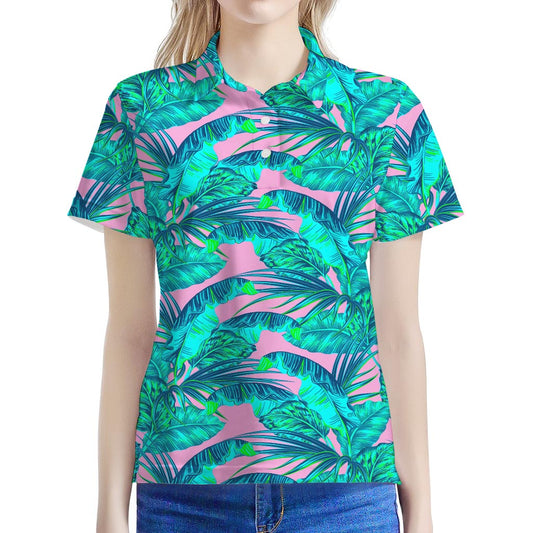 Pink Teal Tropical Leaf Pattern Print Women's Polo Shirt
