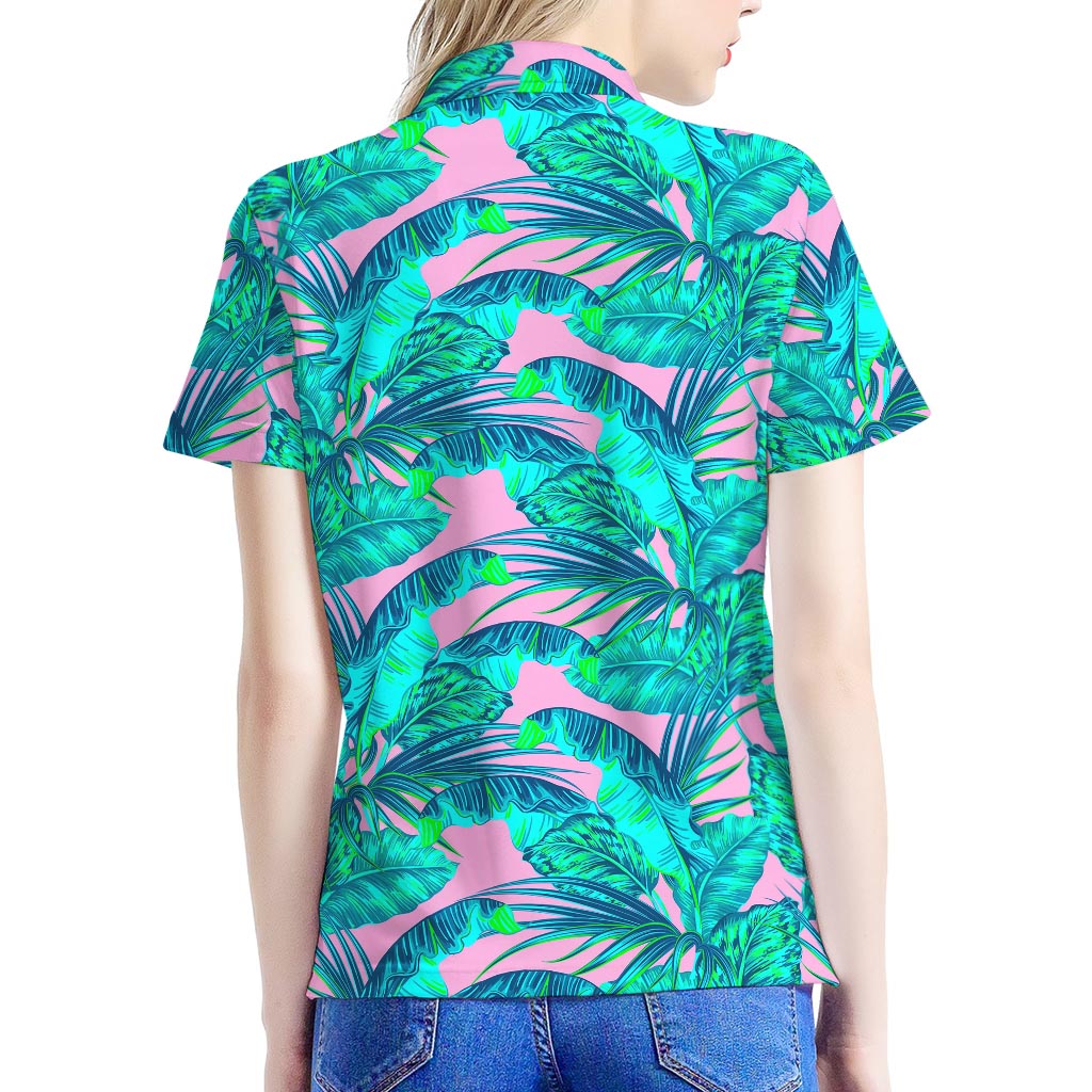 Pink Teal Tropical Leaf Pattern Print Women's Polo Shirt