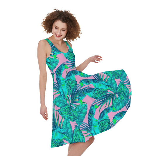 Pink Teal Tropical Leaf Pattern Print Women's Sleeveless Dress