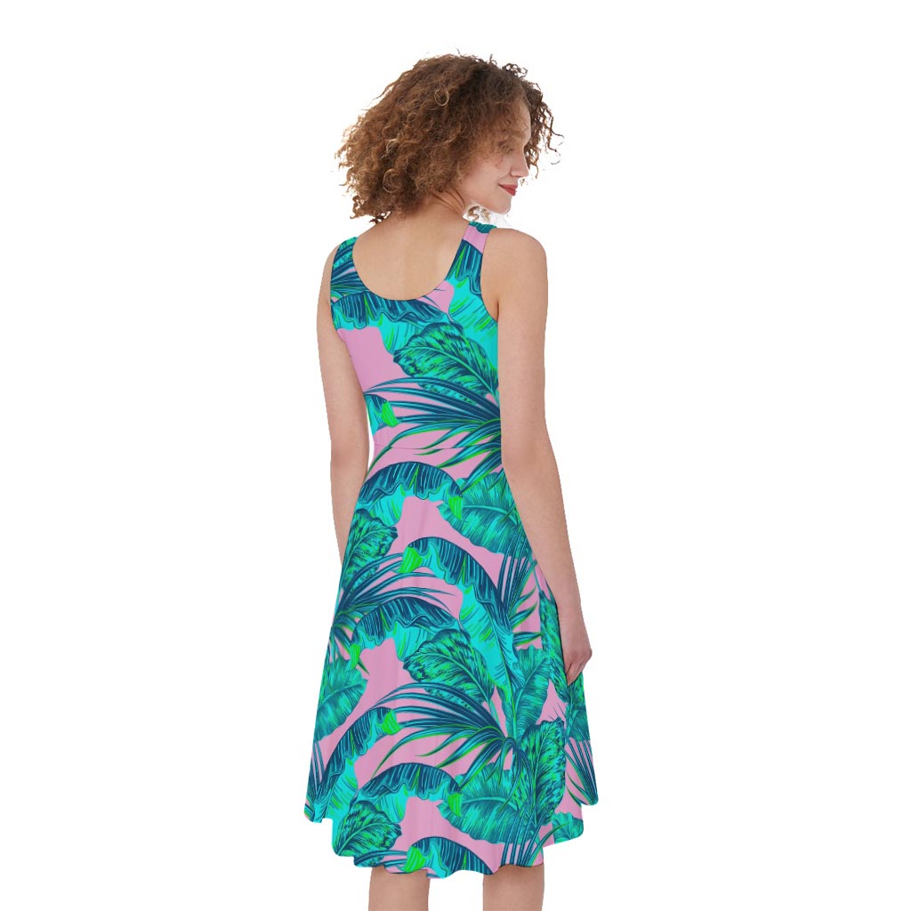 Pink Teal Tropical Leaf Pattern Print Women's Sleeveless Dress