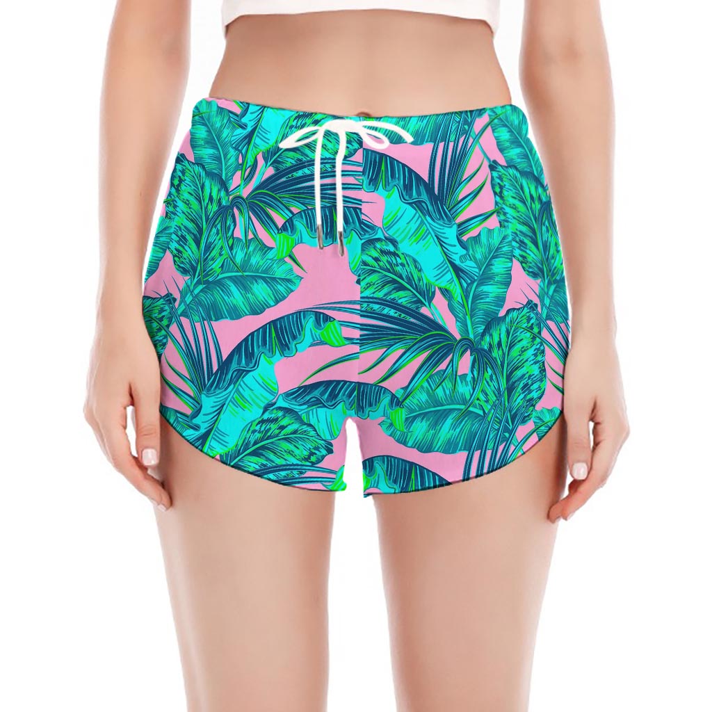 Pink Teal Tropical Leaf Pattern Print Women's Split Running Shorts