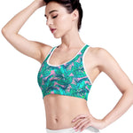 Pink Teal Tropical Leaf Pattern Print Women's Sports Bra