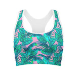 Pink Teal Tropical Leaf Pattern Print Women's Sports Bra