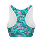 Pink Teal Tropical Leaf Pattern Print Women's Sports Bra