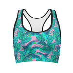 Pink Teal Tropical Leaf Pattern Print Women's Sports Bra