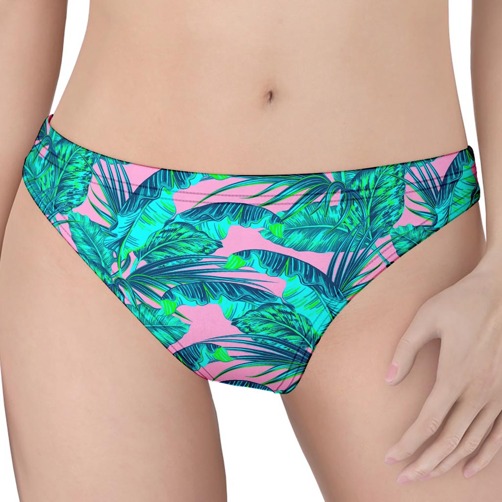 Pink Teal Tropical Leaf Pattern Print Women's Thong