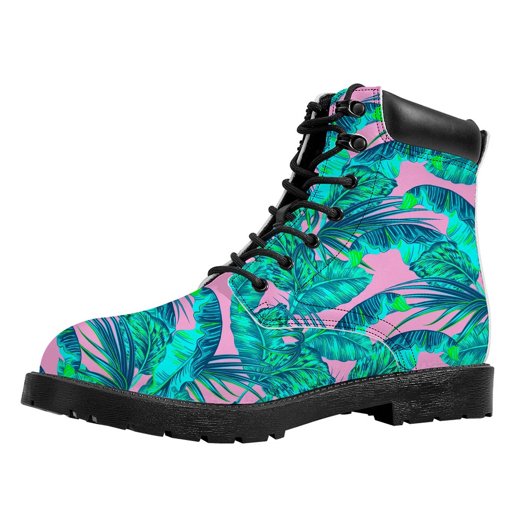 Pink Teal Tropical Leaf Pattern Print Work Boots
