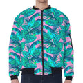 Pink Teal Tropical Leaf Pattern Print Zip Sleeve Bomber Jacket