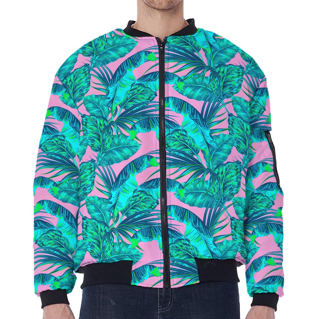 Pink Teal Tropical Leaf Pattern Print Zip Sleeve Bomber Jacket