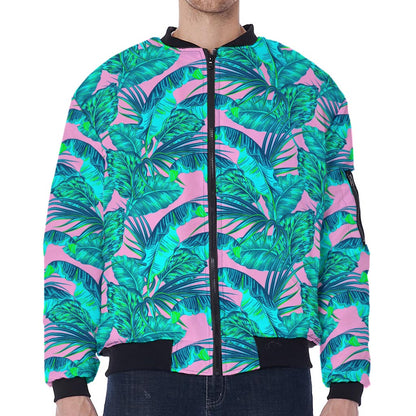 Pink Teal Tropical Leaf Pattern Print Zip Sleeve Bomber Jacket